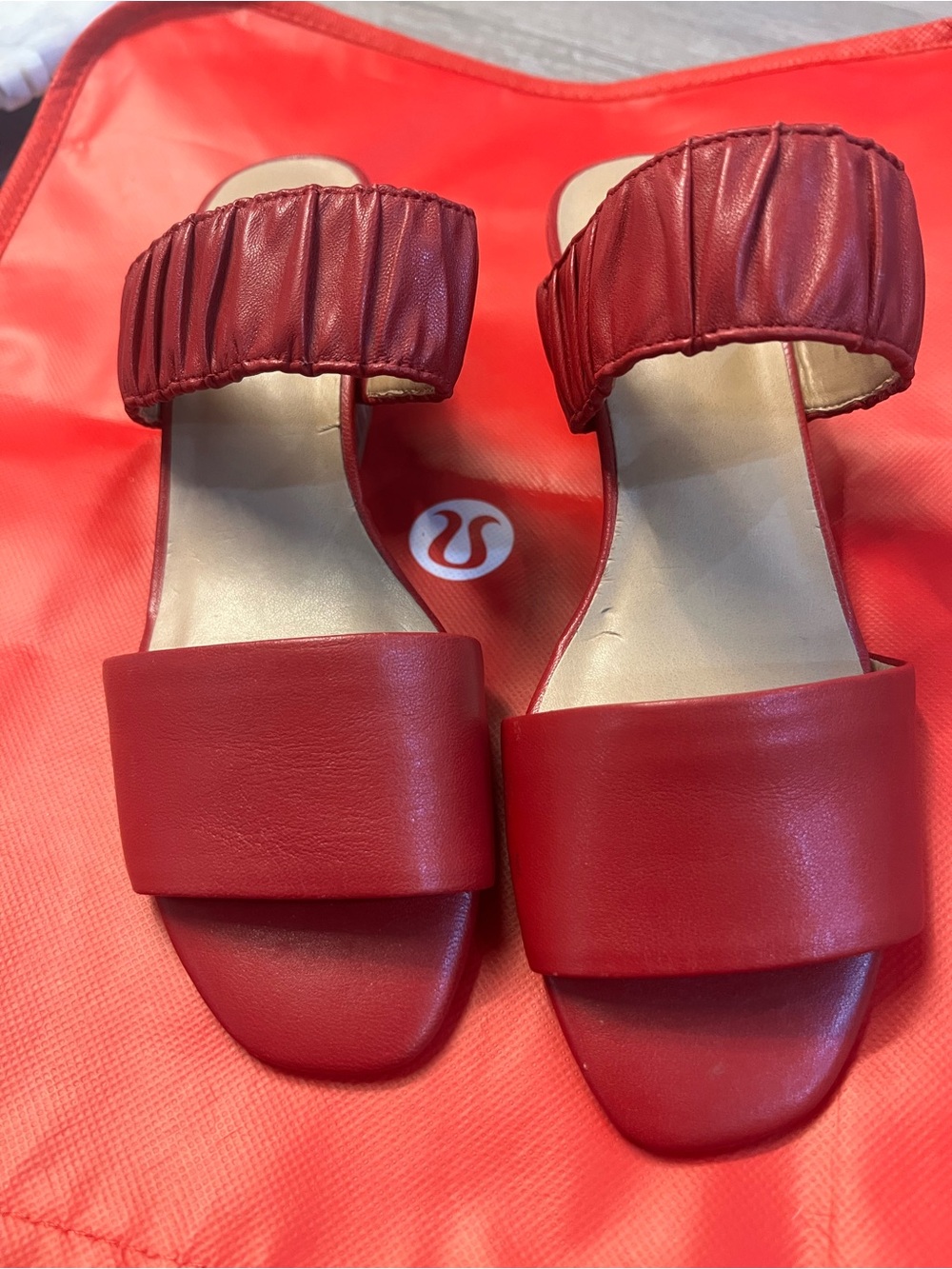 Van Eli Red Leather Slide Mules with Gathered Mid Strap